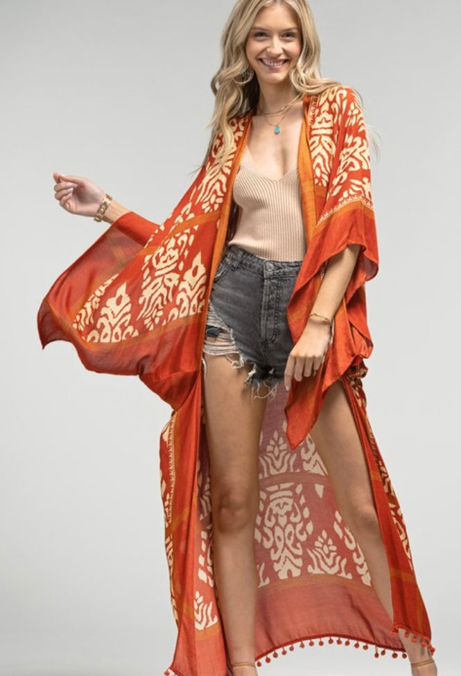 Damask Print Kimono With Sleeves