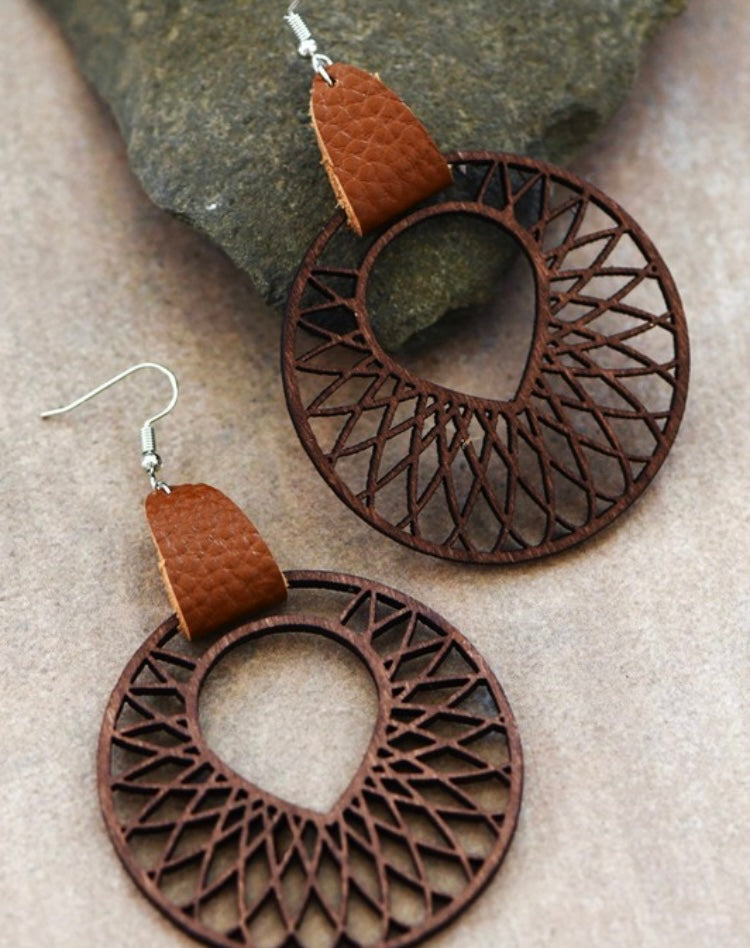 Boho Filigree Wooden Earrings With Leather Accent