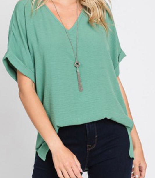 V Neck Cuffed Sleeve Top