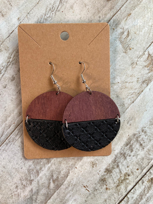 Wood And Black Leather Drop Earrings